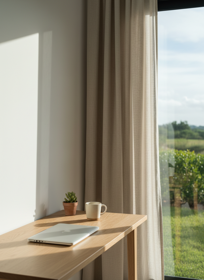 A serene, stylish workspace corner inside a holiday house in Areia Branca, shown in photographic realism. A slim, natural oak desk stands against a white wall, hosting a closed silver laptop, a simple ceramic cup, and a small potted plant. A large window to the side reveals a blurred view of the garden and distant blue sky, letting in soft morning light that creates clean, defined shadows along the desk edge and gently illuminates the textured linen curtain. The composition follows the rule of thirds, focusing on the desk while keeping the window and greenery slightly out of focus, evoking a calm, productive atmosphere ideal for remote workers who value both comfort and sophistication by the sea.