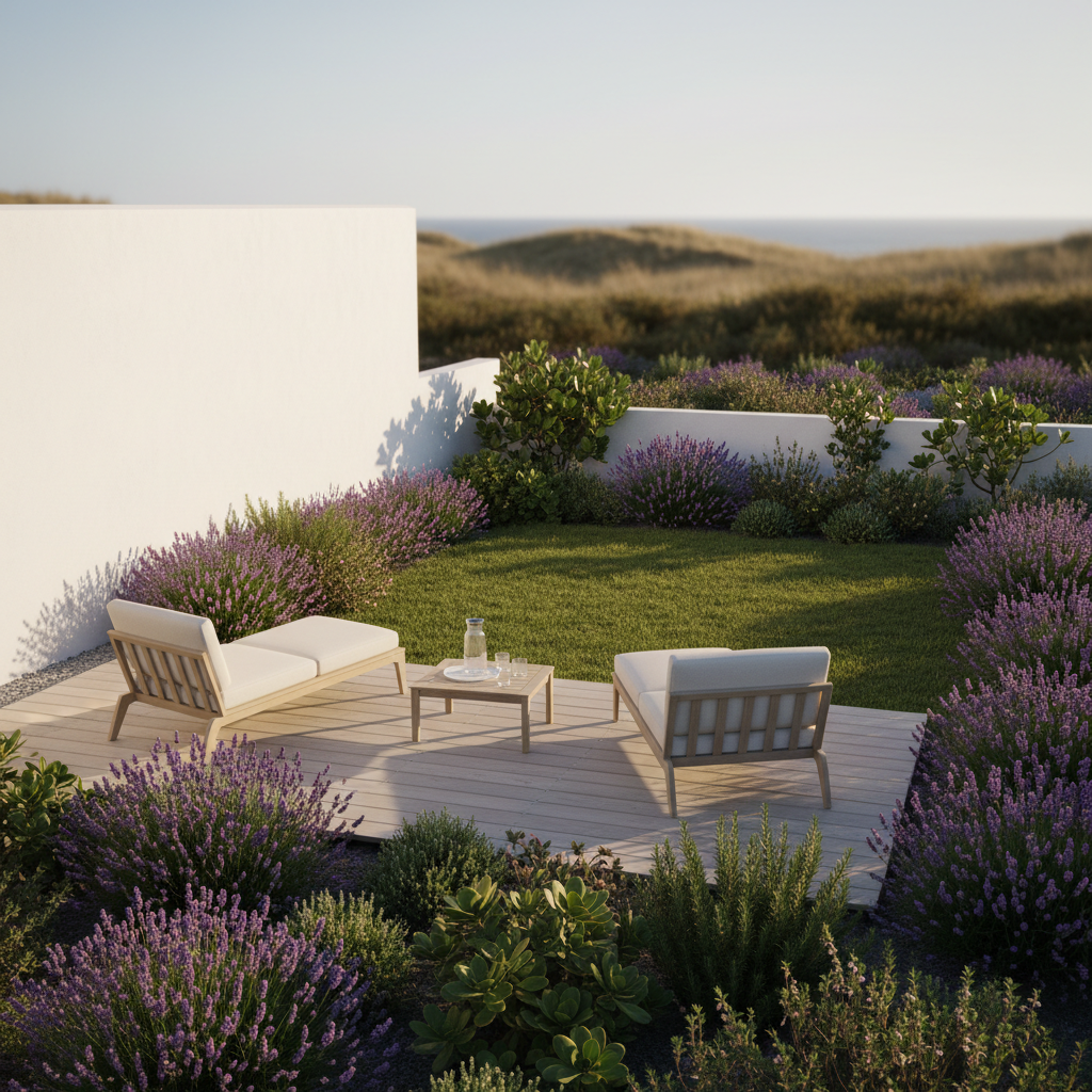 A peaceful garden oasis behind a Portuguese holiday home in photographic realism, featuring a small, neatly kept lawn bordered by lavender, succulents and aromatic Mediterranean shrubs. A light wood deck hosts two simple outdoor lounge chairs with off-white cushions surrounding a low, minimalist table holding a carafe of water and two glasses. Warm late afternoon coastal light stretches long, gentle shadows across the grass, while a white exterior wall of the house reflects soft brightness back into the space. Captured from a slightly elevated angle facing toward the house, with the sky and a hint of distant dunes barely visible above the wall, the image radiates relaxed sophistication and invites viewers to imagine unwinding after surfing or working remotely.
